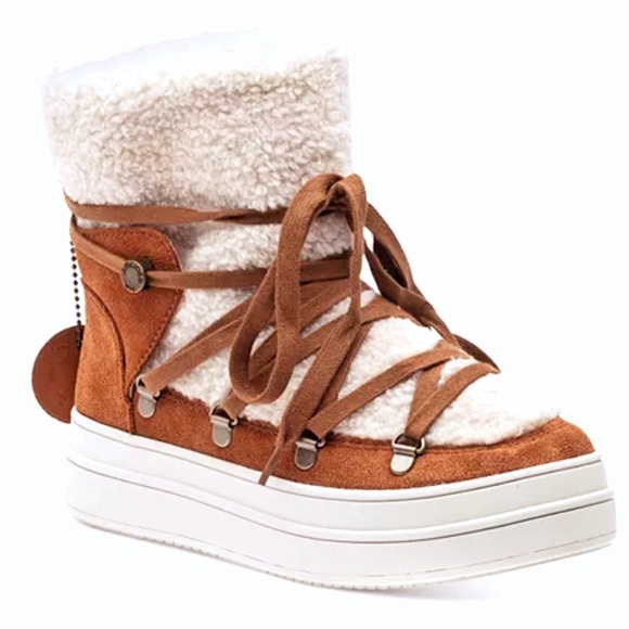 J/Slides Newbie Tan Suede Leather Faux Shearling Platform Booties Boots - Picture 4 of 10
